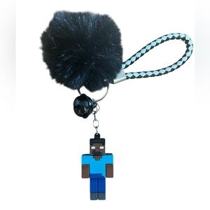 Blue and Black Minecraft Robot Keychain with Pom Pom and Bell NEW